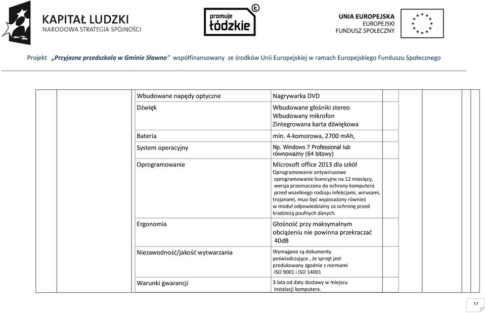 Windows 7 Professional lub równoważny (64 bitowy) Microsoft office 2013 dla szkół Oprogramowanie antywirusowe oprogramowanie licencyjne na 12 miesięcy, wersja przeznaczona do ochrony komputera przed