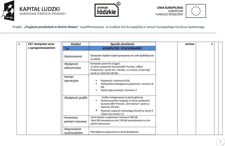 powinien osiągać w teście wydajności Sysmark2007 Preview Office Productivity wynik min. 150 pkt., a w teście E-learning wynik co najmniej 130 pkt.