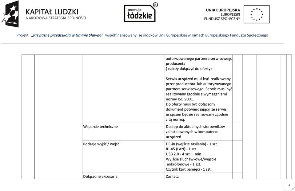 Do oferty musi być dołączony dokument potwierdzający, że serwis urządzeń będzie realizowany zgodnie z tą normą.
