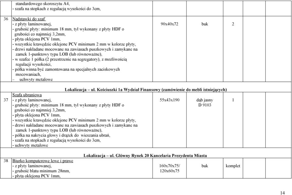 Kościuszki 1a Wydział Finansowy (zamówienie do mebli istniejących) Szafa ubraniowa - półka na nakrycia głowy i drążek do wieszania ubrań,