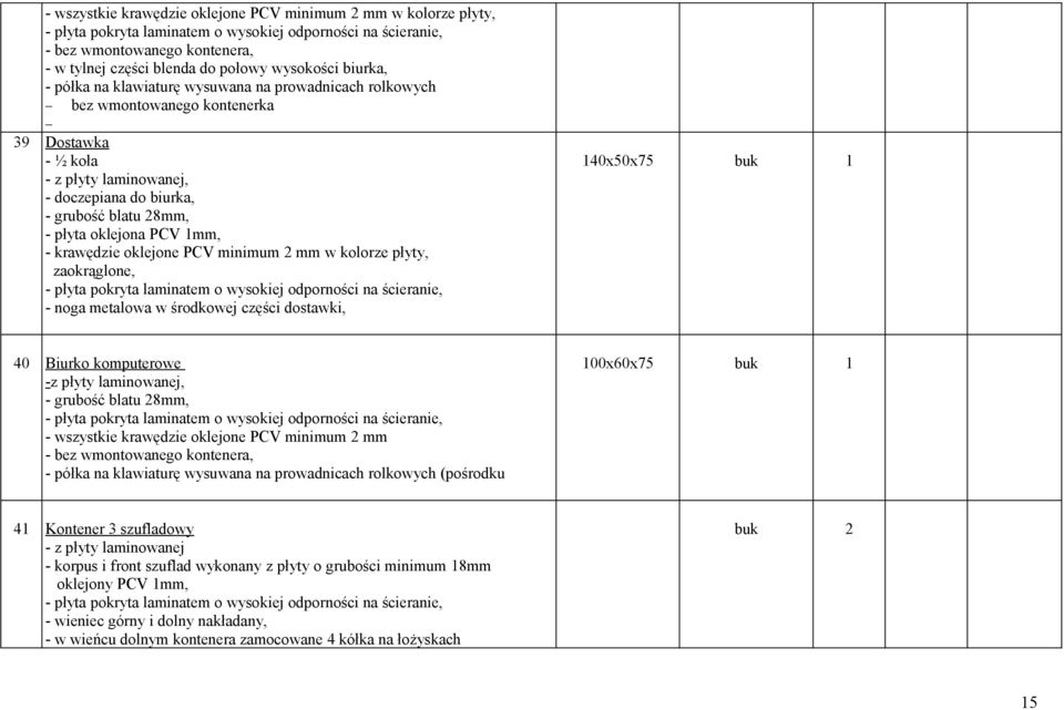 laminowanej, - grubość blatu 28mm, - wszystkie krawędzie oklejone PCV minimum 2 mm - bez wmontowanego kontenera, - półka na klawiaturę wysuwana na prowadnicach rolkowych (pośrodku 100x60x75 1 41