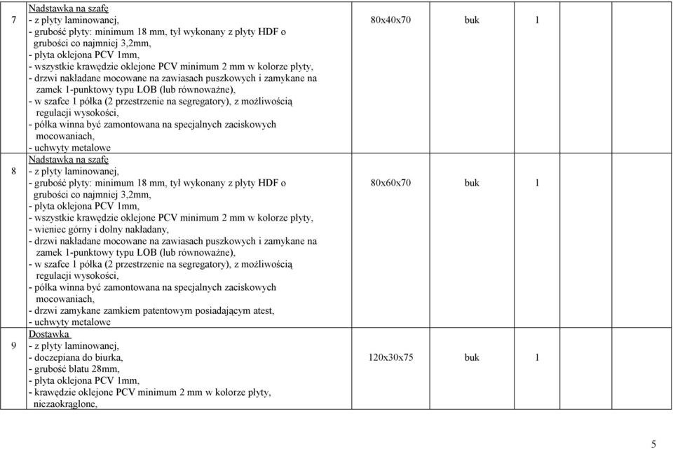 możliwością regulacji wysokości, - półka winna być zamontowana na specjalnych zaciskowych - drzwi zamykane zamkiem patentowym posiadającym atest, - uchwyty