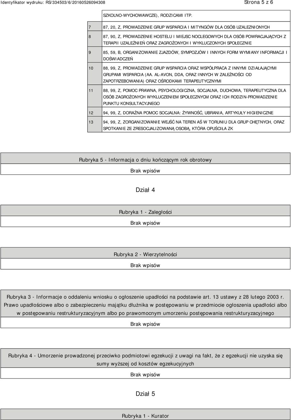 WYKLUCZONYCH SPOŁECZNIE 9 85, 59, B, ORGANIZOWANIE ZJAZDÓW, SYMPOZJÓW I INNYCH FORM WYMIANY INFORMACJI I DOŚWIADCZEŃ 10 88, 99, Z, PROWADZENIE GRUP WSPARCIA ORAZ WSPÓŁPRACA Z INNYMI DZIAŁAJĄCYMI