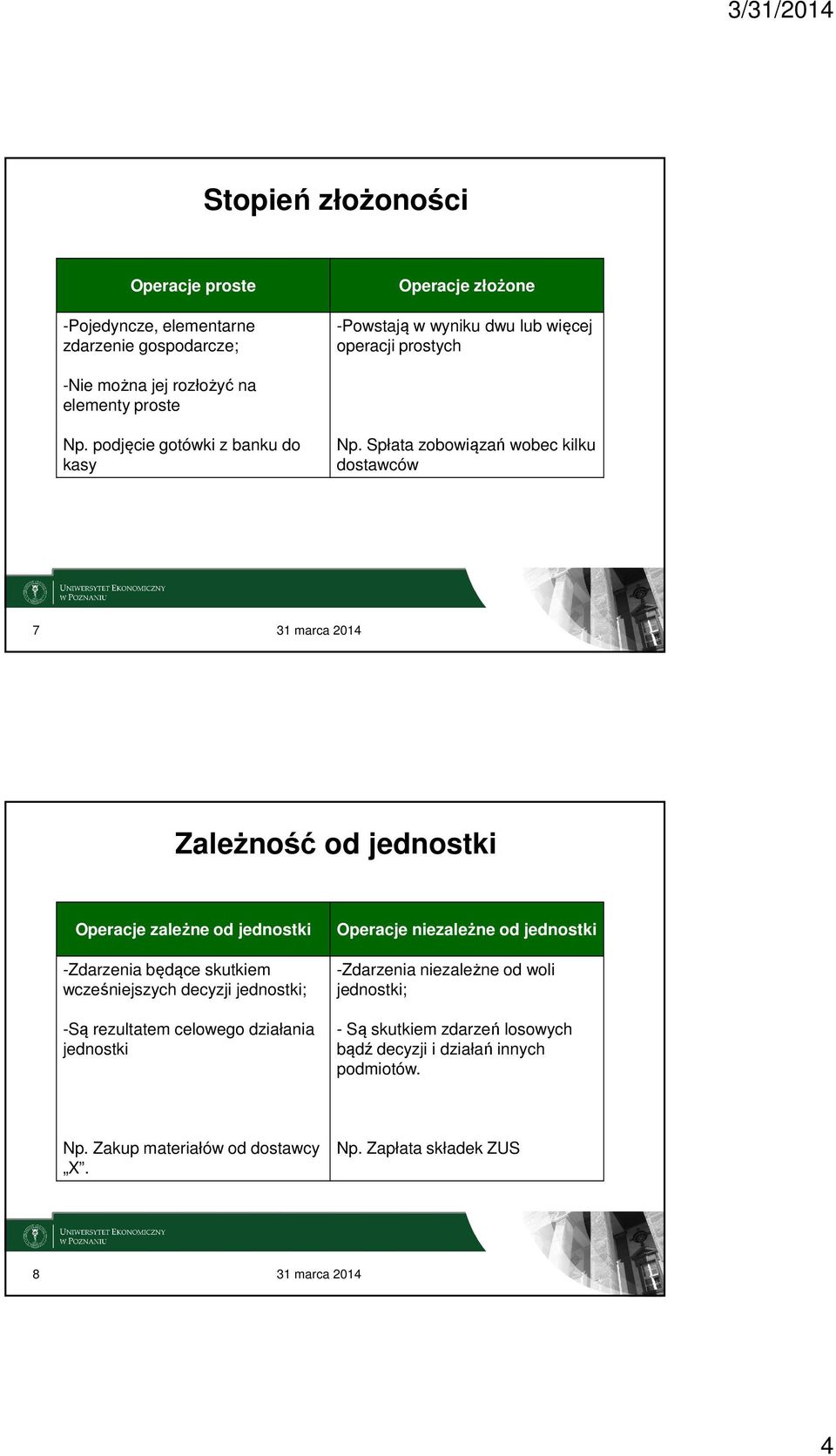 Spłata zobowiązań wobec kilku dostawców 7 31 marca 2014 Zależność od jednostki Operacje zależne od jednostki -Zdarzenia będące skutkiem wcześniejszych decyzji