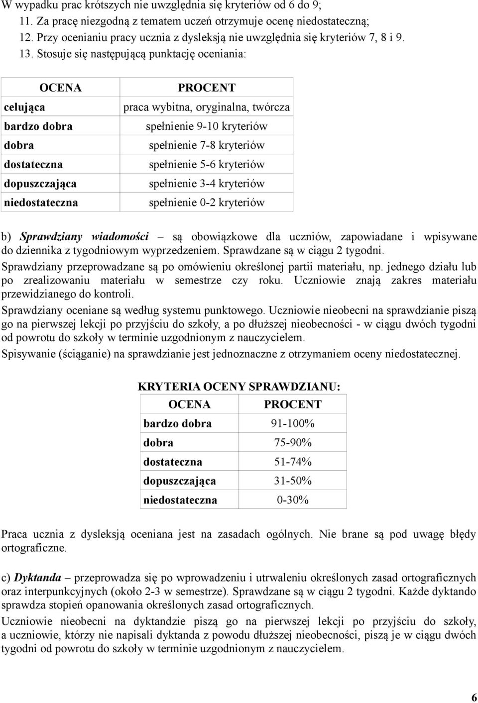 Stosuje się następującą punktację oceniania: OCENA celująca bardzo dobra dobra dostateczna dopuszczająca niedostateczna PROCENT praca wybitna, oryginalna, twórcza spełnienie 9-10 kryteriów spełnienie