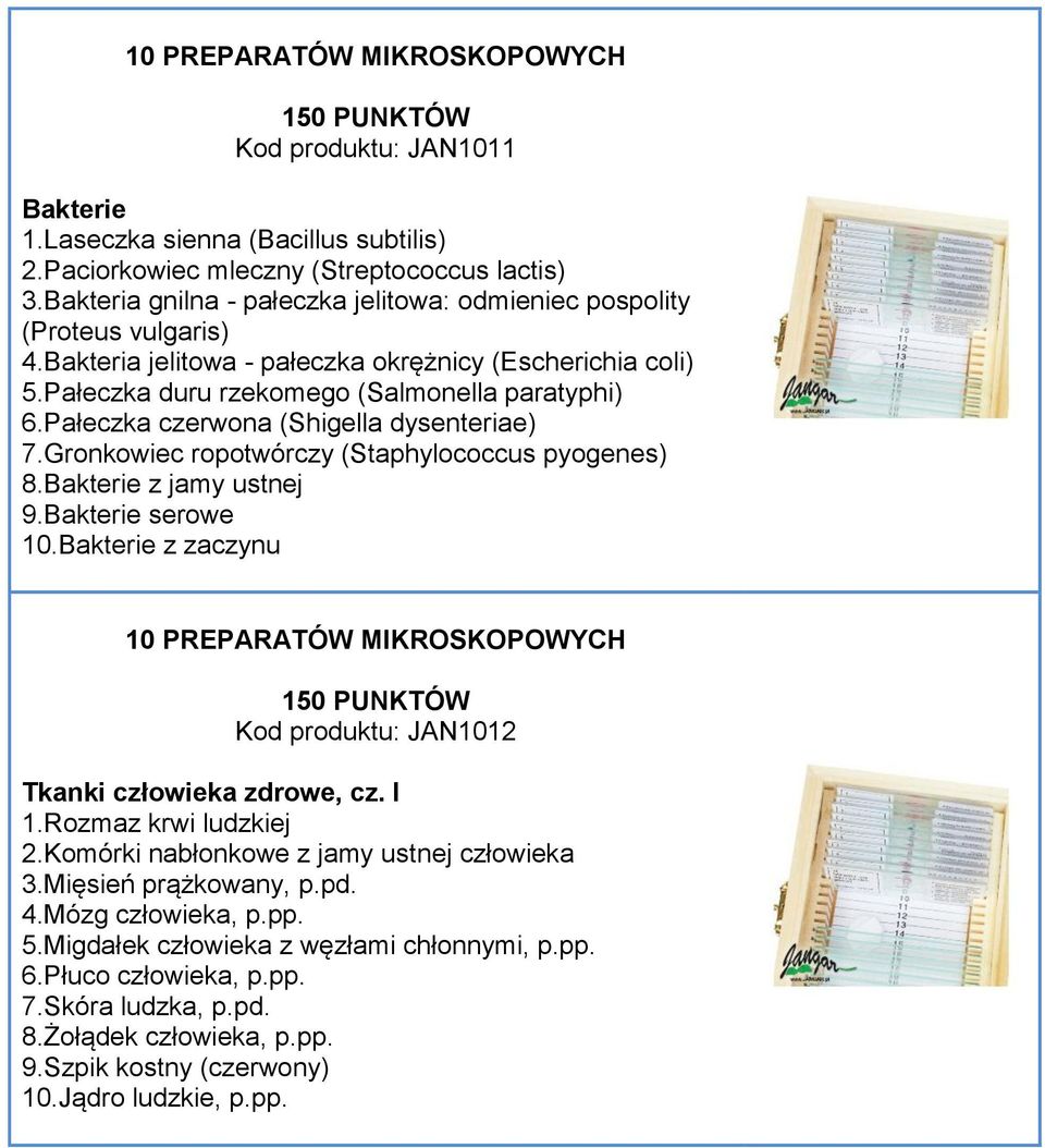 Gronkowiec ropotwórczy (Staphylococcus pyogenes) 8.Bakterie z jamy ustnej 9.Bakterie serowe 10.Bakterie z zaczynu Kod produktu: JAN1012 Tkanki człowieka zdrowe, cz. I 1.Rozmaz krwi ludzkiej 2.