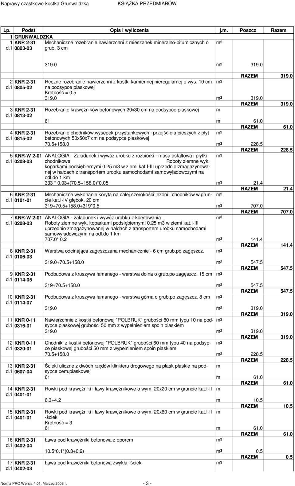 0 RAZEM 61.0 Rozebranie chodników,wysepek przystankowych i przejść dla pieszych z płyt betonowych 50x50x7 c na podsypce piaskowej 70.5+158.0 8.5 RAZEM 8.