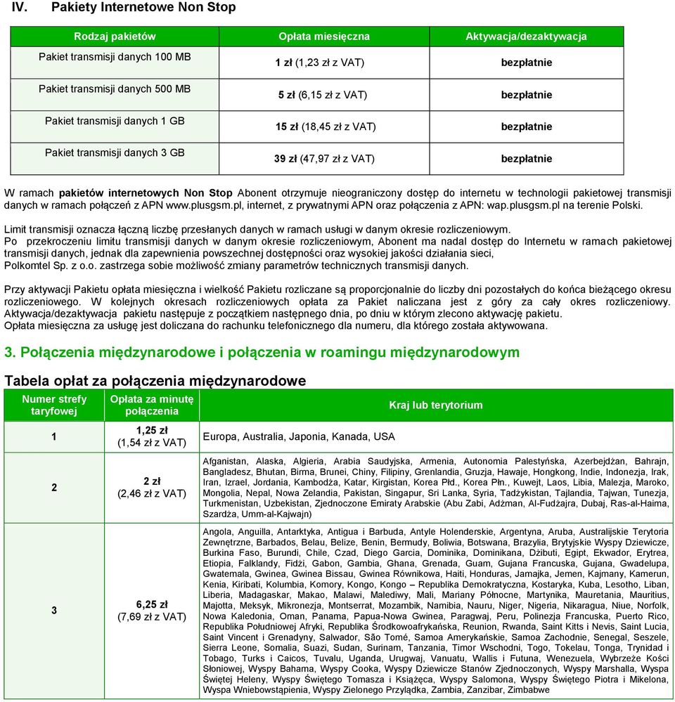pakietowej transmisji danych w ramach połączeń z APN www.plusgsm.pl, internet, z prywatnymi APN oraz połączenia z APN: wap.plusgsm.pl na terenie Polski.