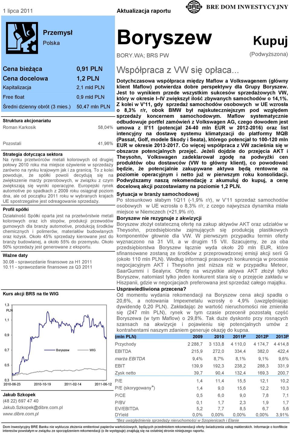 ) 1 lipca 2011 0,91 PLN 1,2 PLN 2,1 mld PLN 0,9 mld PLN 50,47 mln PLN Struktura akcjonariatu Roman Karkosik 58,04% Pozostali 41,96% Strategia dotycząca sektora Na rynku przetwórców metali kolorowych