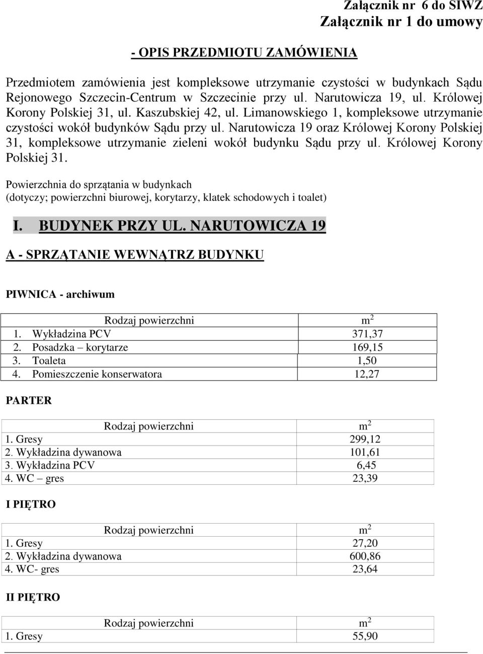 Narutowicza 19 oraz Królowej Korony Polskiej 31, kompleksowe utrzymanie zieleni wokół budynku Sądu przy ul. Królowej Korony Polskiej 31. Powierzchnia do sprzątania w budynkach (dotyczy; powierzchni biurowej, korytarzy, klatek schodowych i toalet) I.
