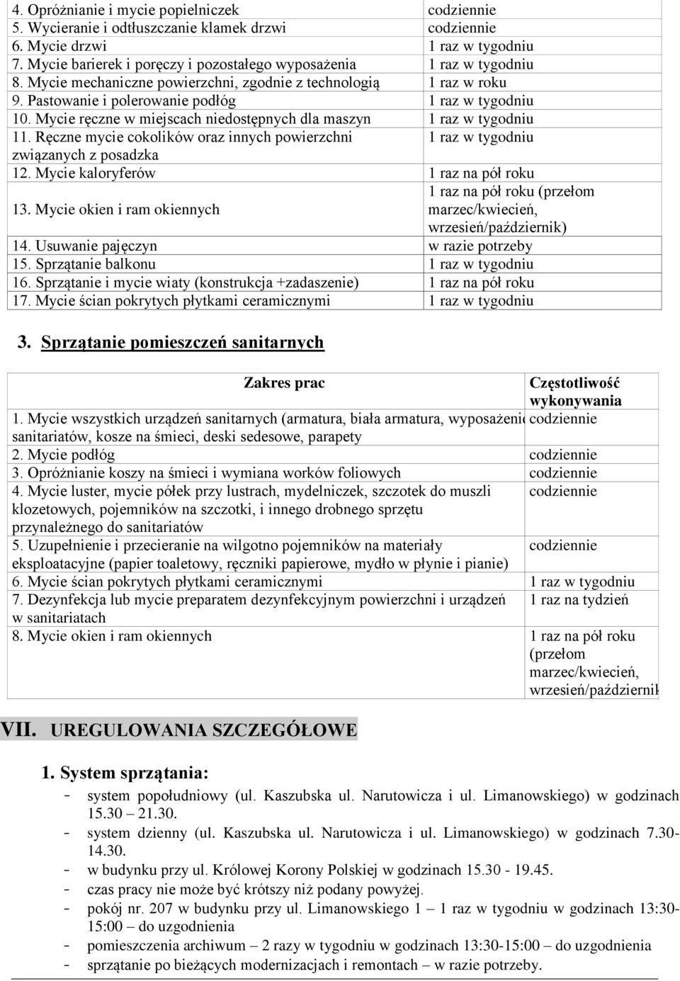 Mycie ręczne w miejscach niedostępnych dla maszyn 1 raz w tygodniu 11. Ręczne mycie cokolików oraz innych powierzchni 1 raz w tygodniu związanych z posadzka 12.