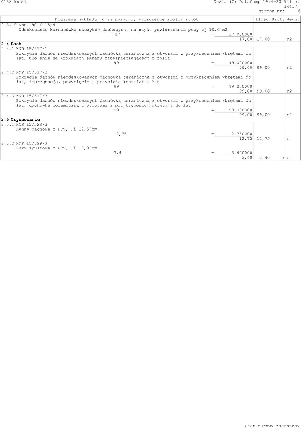 8/4 Odeskowanie karnesówką szczytów dachowych, na styk, powierzchnia powyżej 10,0 m2 17 = 17,000000 17,00 17,00 m2 2.4 Dach 2.4.1 KNR 15/517/1 Pokrycie dachów nieodeskowanych dachówką ceramiczną z
