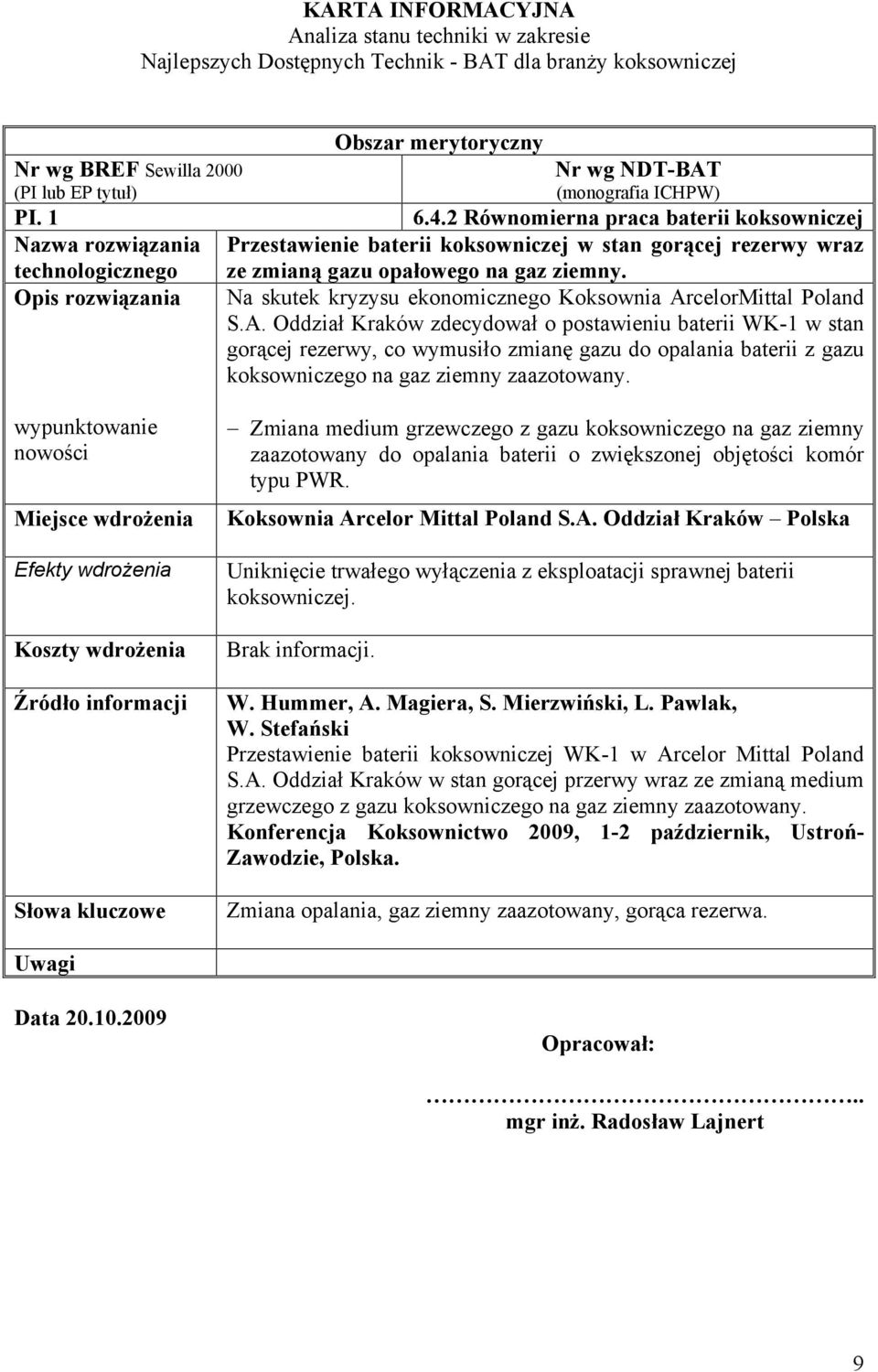 2 Równomierna praca baterii koksowniczej Przestawienie baterii koksowniczej w stan gorącej rezerwy wraz ze zmianą gazu opałowego na gaz ziemny.
