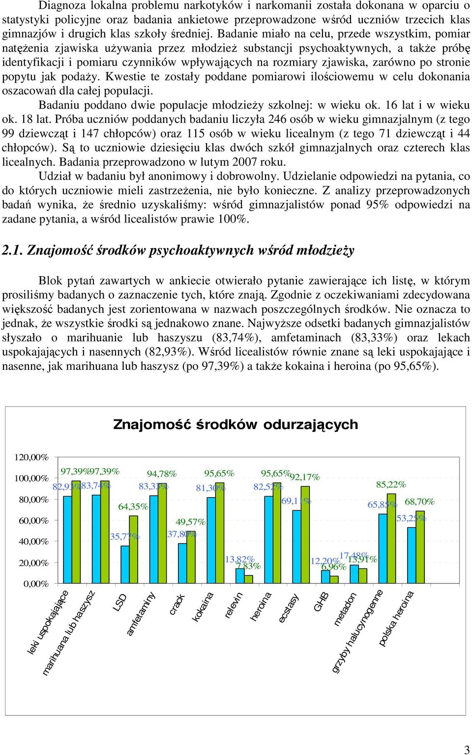 Badanie miało na celu, przede wszystkim, pomiar natęŝenia zjawiska uŝywania przez młodzieŝ substancji psychoaktywnych, a takŝe próbę identyfikacji i pomiaru czynników wpływających na rozmiary