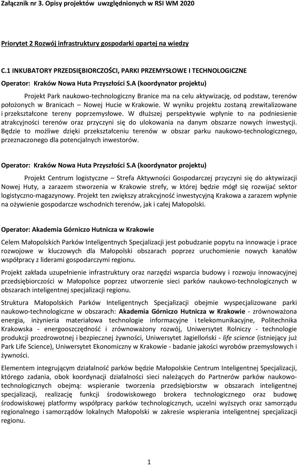 A (koordynator projektu) Projekt Park naukowo-technologiczny Branice ma na celu aktywizację, od podstaw, terenów położonych w Branicach Nowej Hucie w Krakowie.