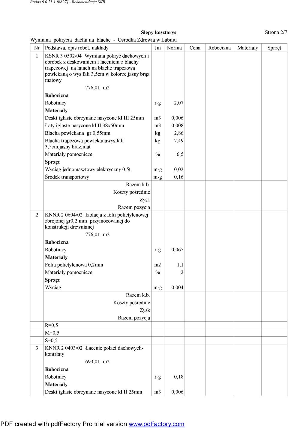 ii 38x50mm m3 0,008 Blacha powlekana gr.0,55mm kg 2,86 Blacha trapezowa powlekanawys.
