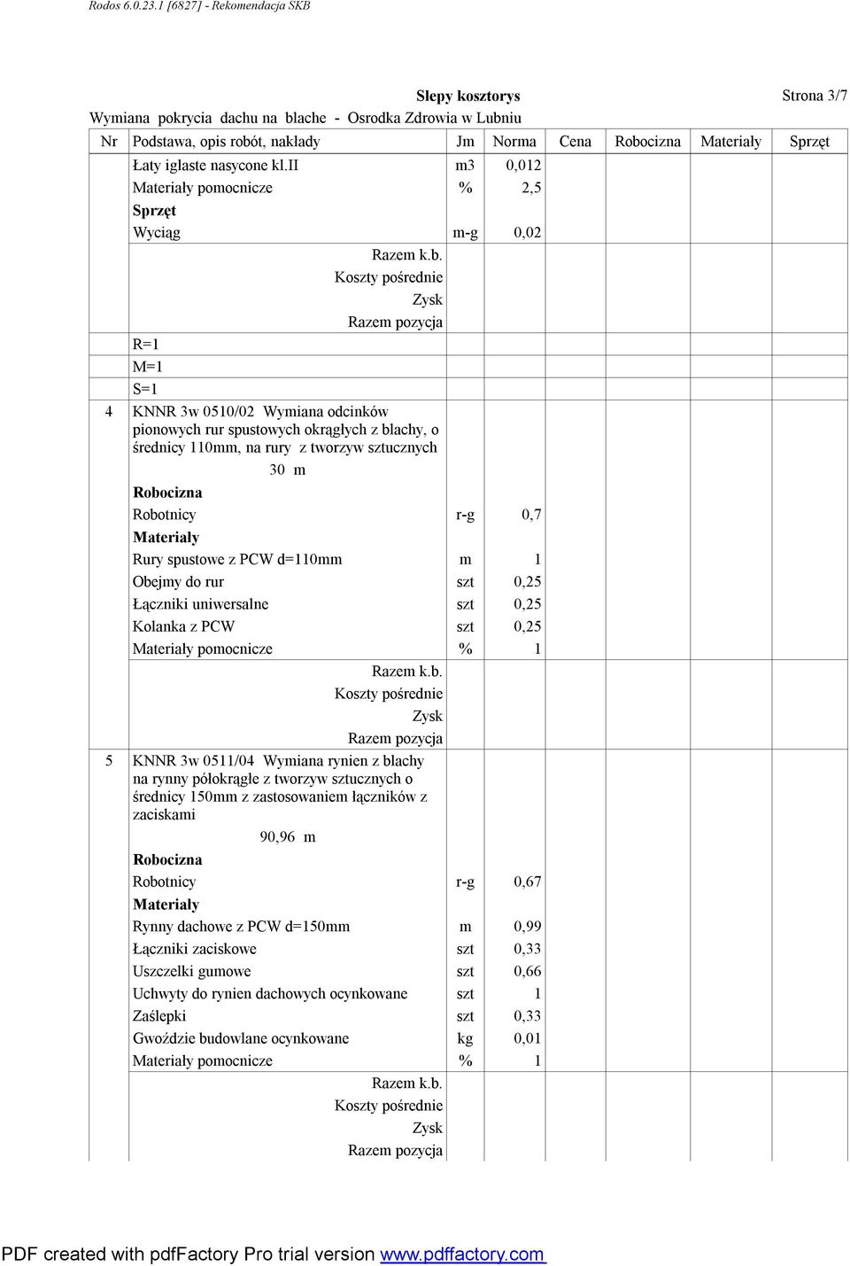 r-g 0,7 Rury spustowe z PCW d=110mm m 1 Obejmy do rur szt 0,25 Łączniki uniwersalne szt 0,25 Kolanka z PCW szt 0,25 pomocnicze % 1 5 KNNR 3w 0511/04 Wymiana rynien z blachy na rynny półokrągłe z