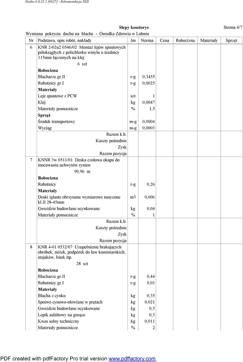 i r-g 0,0025 Leje spustowe z PCW szt 1 Klej kg 0,0047 pomocnicze % 1,5 Środek transportowy m-g 0,0004 Wyciąg m-g 0,0003 7 KNNR 3w 0511/01 Deska czołowa okapu do mocowania uchwytów rynien 90,96 m