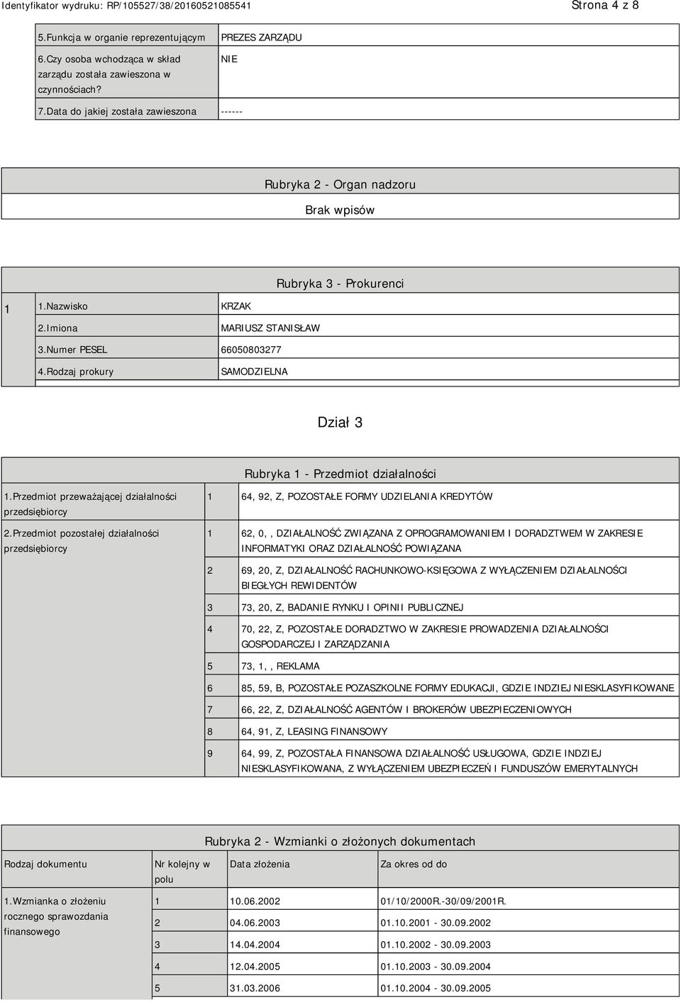 Rodzaj prokury SAMODZIELNA Dział 3 Rubryka 1 - Przedmiot działalności 1.Przedmiot przeważającej działalności przedsiębiorcy 2.