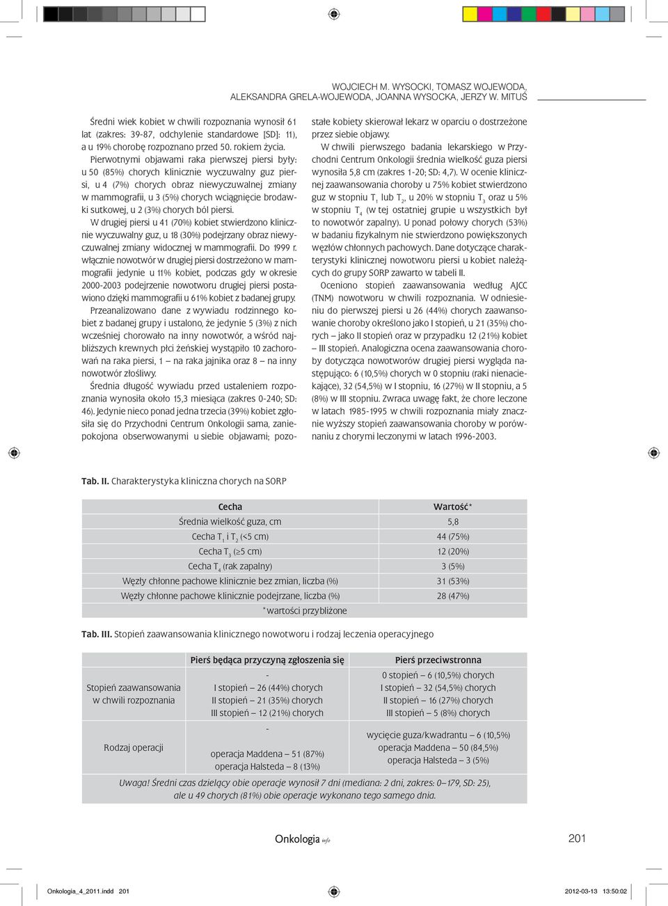 Pierwotnymi objawami raka pierwszej piersi były: u 50 (85%) chorych klinicznie wyczuwalny guz piersi, u 4 (7%) chorych obraz niewyczuwalnej zmiany w mammografii, u 3 (5%) chorych wciągnięcie brodawki
