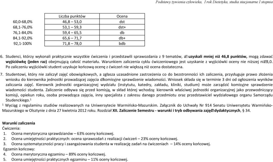 Warunkiem zaliczenia cyklu ćwiczeniowego jest uzyskanie z wyjściówki oceny nie niższej niż 3,0. Po zaliczeniu wyjściówki student uzyskuje końcową ocenę z ćwiczeń nie większą niż ocena dostateczna. 7.