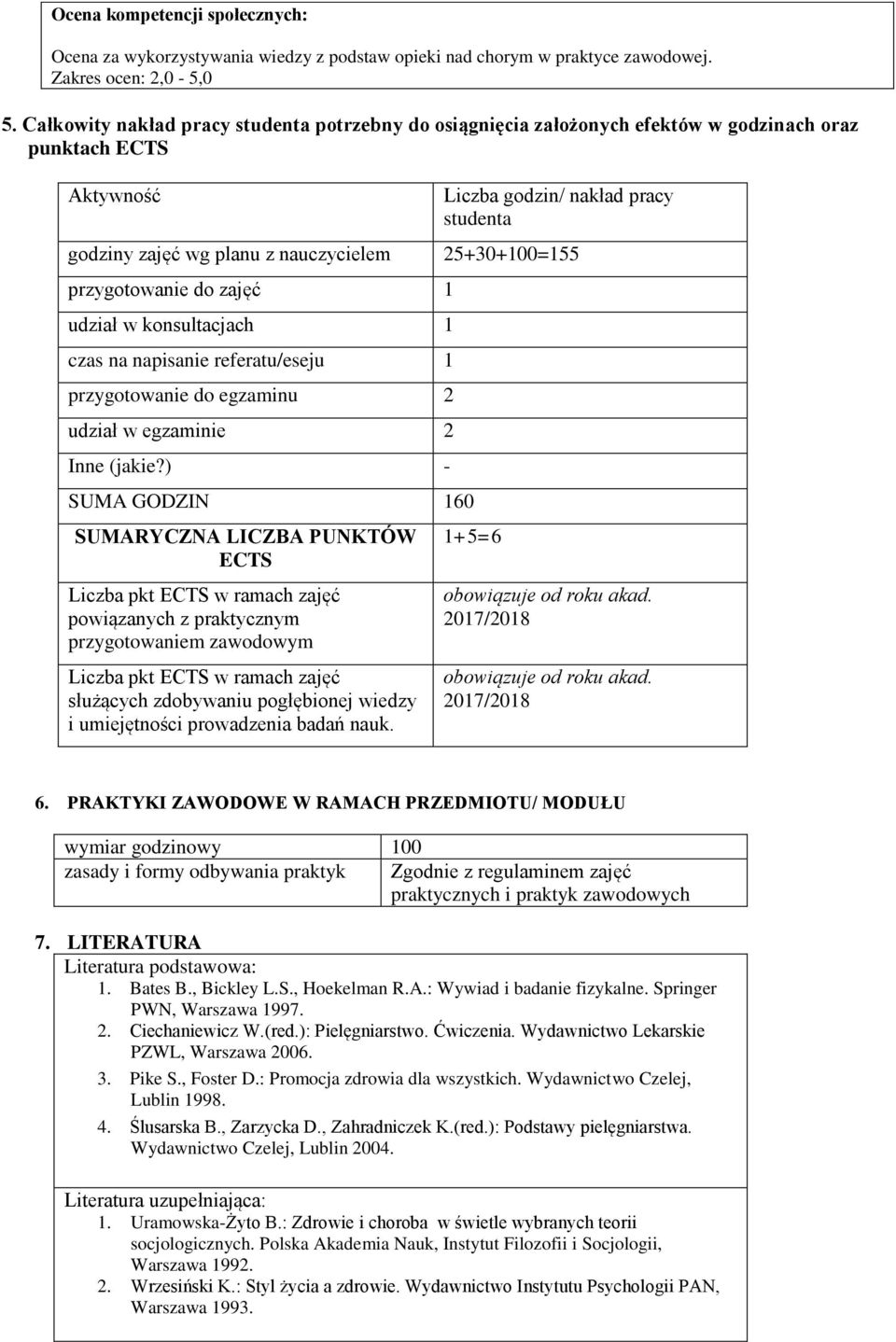 25+30+100=155 przygotowanie do zajęć 1 udział w konsultacjach 1 czas na napisanie referatu/eseju 1 przygotowanie do egzaminu 2 udział w egzaminie 2 Inne (jakie?