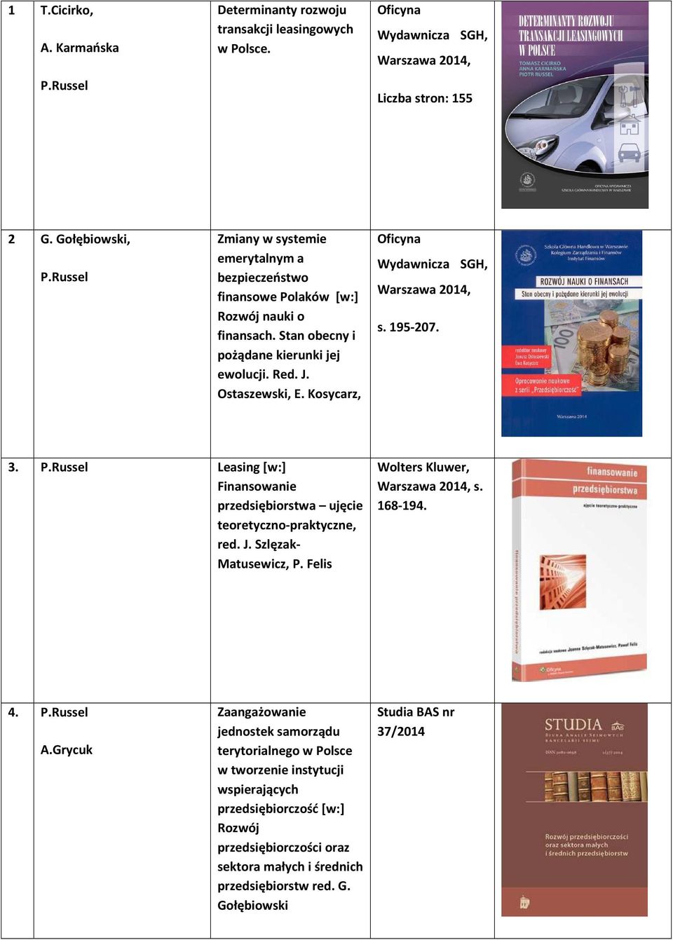 Kosycarz, Oficyna Wydawnicza SGH, Warszawa 2014, s. 195-207. 3. P.Russel Leasing [w:] Finansowanie przedsiębiorstwa ujęcie teoretyczno-praktyczne, red. J. Szlęzak- Matusewicz, P.