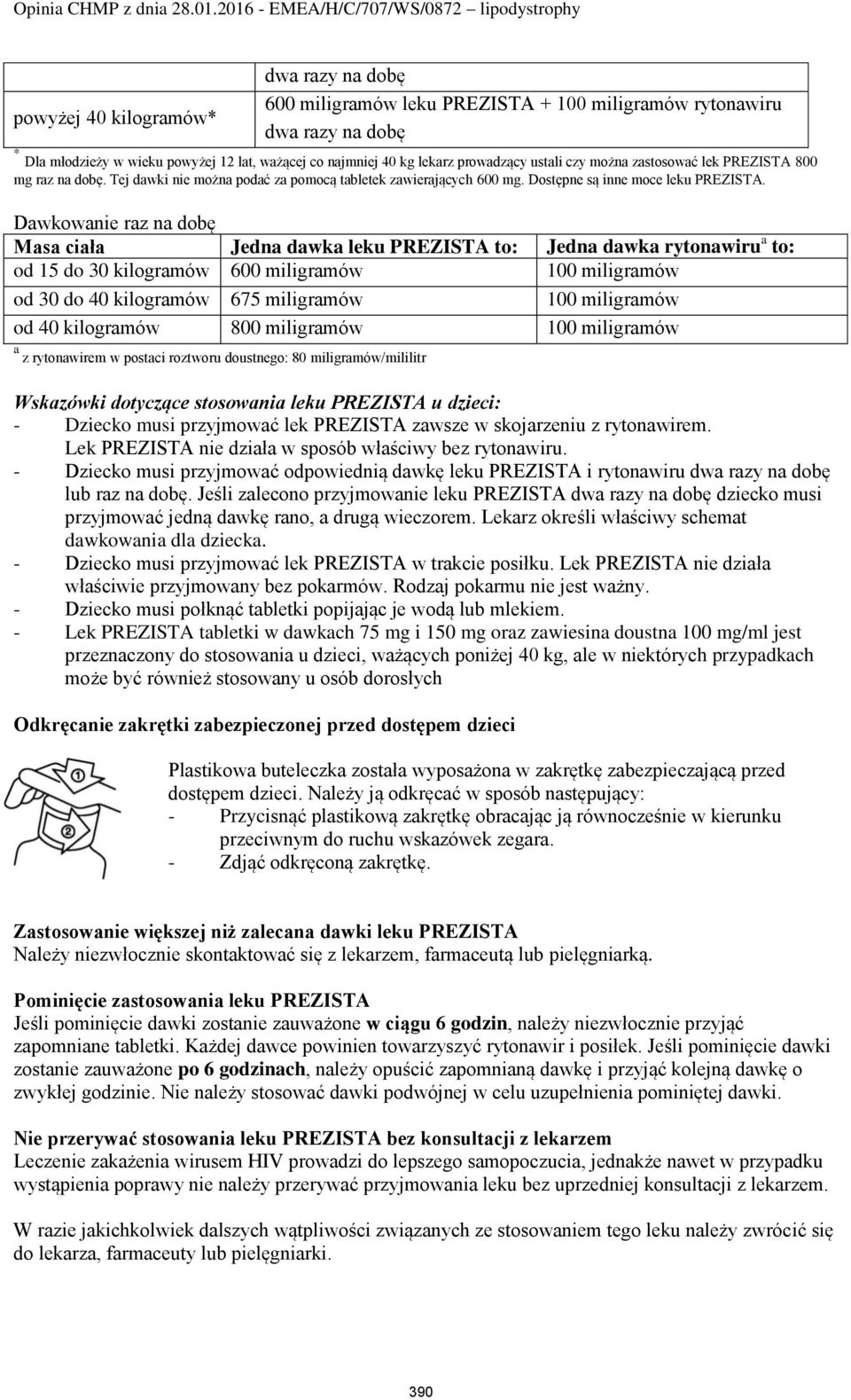 Dawkowanie raz na dobę Masa ciała Jedna dawka leku PREZISTA to: Jedna dawka rytonawiru a to: od 15 do 30 kilogramów 600 miligramów 100 miligramów od 30 do 40 kilogramów 675 miligramów 100 miligramów