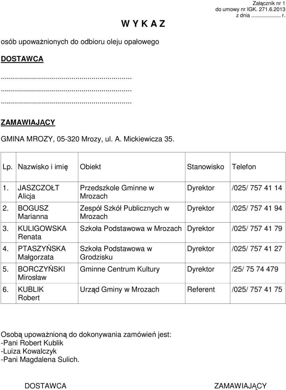 KUBLIK Robert Przedszkole Gminne w Mrozach Zespół Szkół Publicznych w Mrozach Dyrektor /025/ 757 41 14 Dyrektor /025/ 757 41 94 Szkoła Podstawowa w Mrozach Dyrektor /025/ 757 41 79 Szkoła Podstawowa