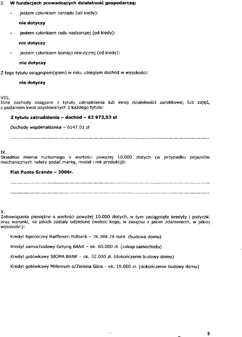 współmałżonka - 6147,01 zł IX. Składniki mienia ruchomego o wartości powyżej 10.000 złotych (w przypadku pojazdów mechanicznych należy podać markę, model i rok produkcji): Fiat Punto Grandę - 2006r.