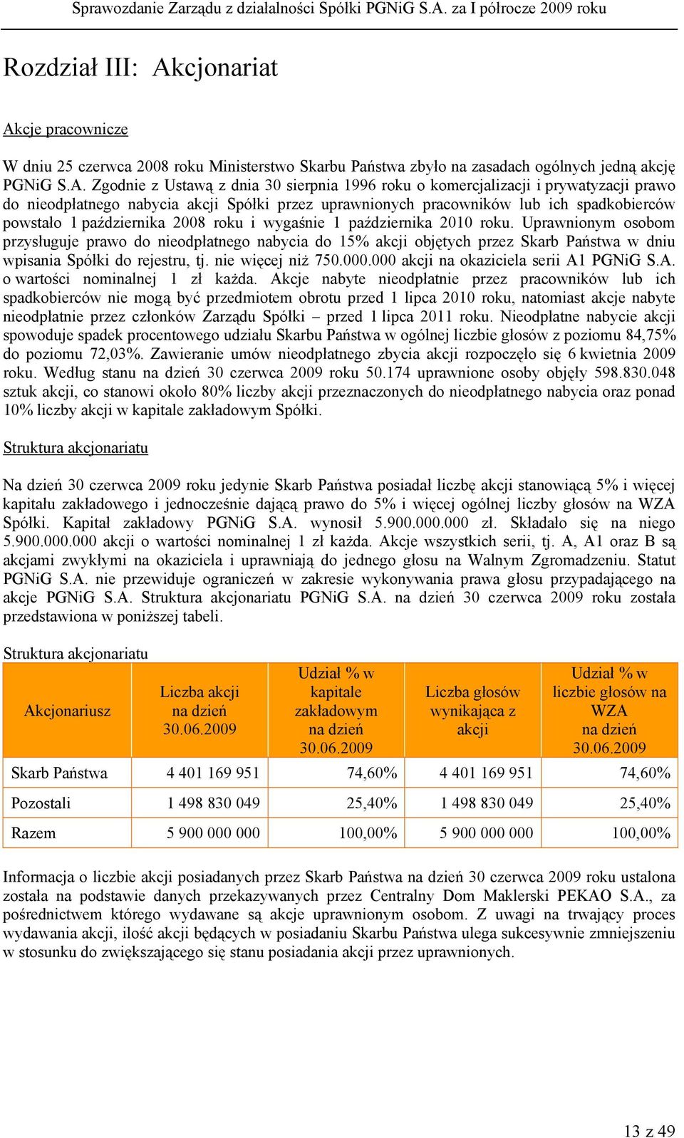 cje pracownicze W dniu 25 czerwca 2008 roku Ministerstwo Skarbu Państwa zbyło na zasadach ogólnych jedną akcję PGNiG S.A.