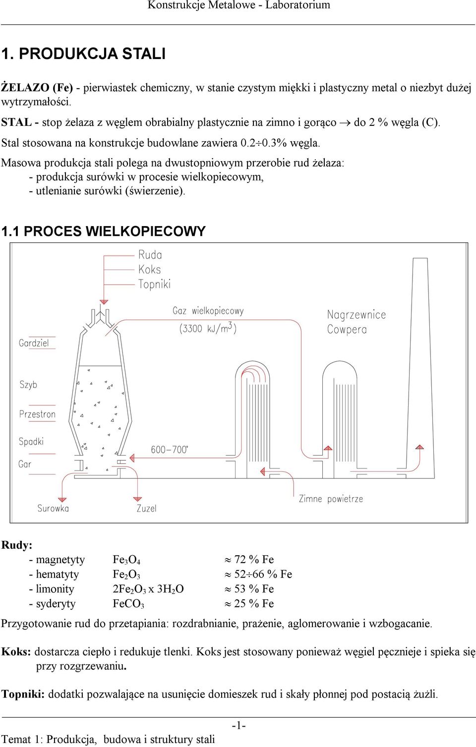 Masowa produkcja stali polega na dwustopniowym przerobie rud żelaza: - produkcja surówki w procesie wielkopiecowym, - utlenianie surówki (świerzenie). 1.