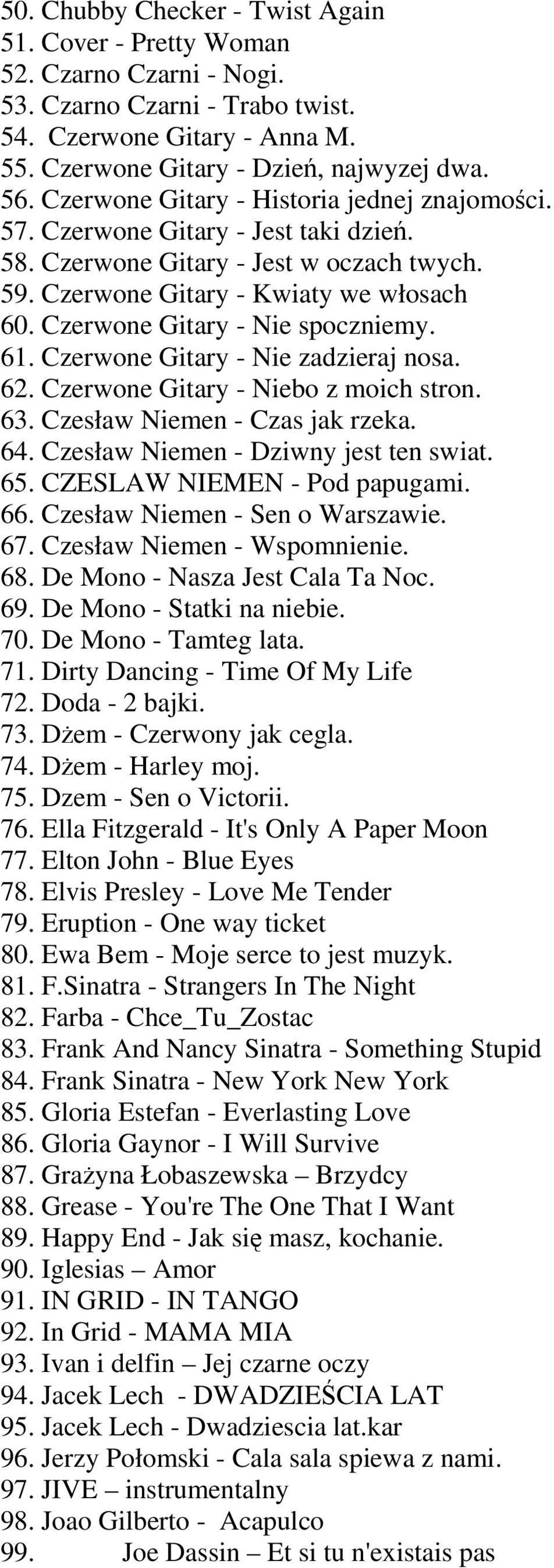 Czerwone Gitary - Nie spoczniemy. 61. Czerwone Gitary - Nie zadzieraj nosa. 62. Czerwone Gitary - Niebo z moich stron. 63. Czesław Niemen - Czas jak rzeka. 64. Czesław Niemen - Dziwny jest ten swiat.