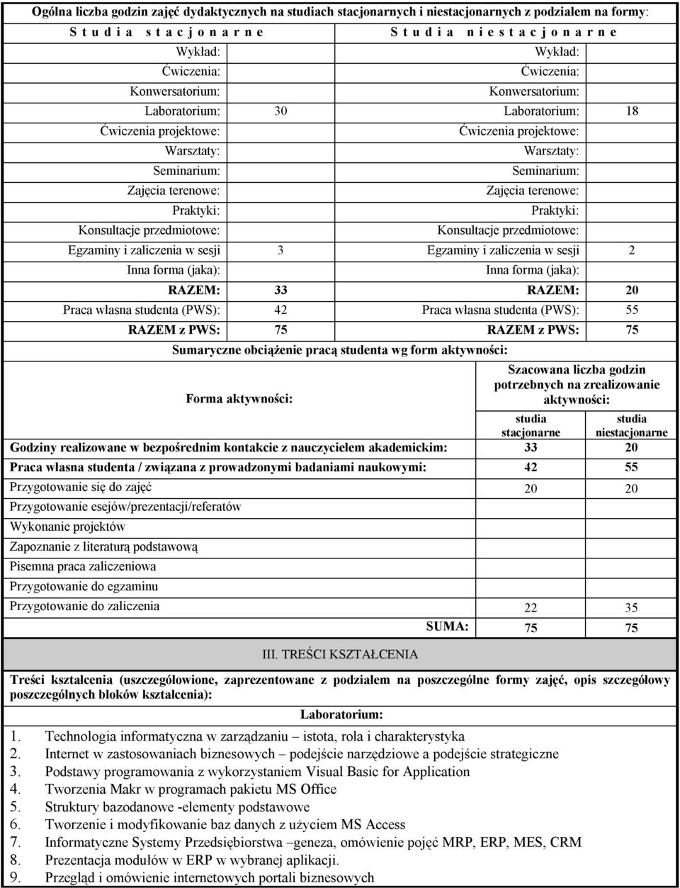 projektowe: Warsztaty: Seminarium: Zajęcia terenowe: Praktyki: Konsultacje przedmiotowe: Egzaminy i zaliczenia w sesji 3 Egzaminy i zaliczenia w sesji 2 Inna forma (jaka): Inna forma (jaka): RAZEM: