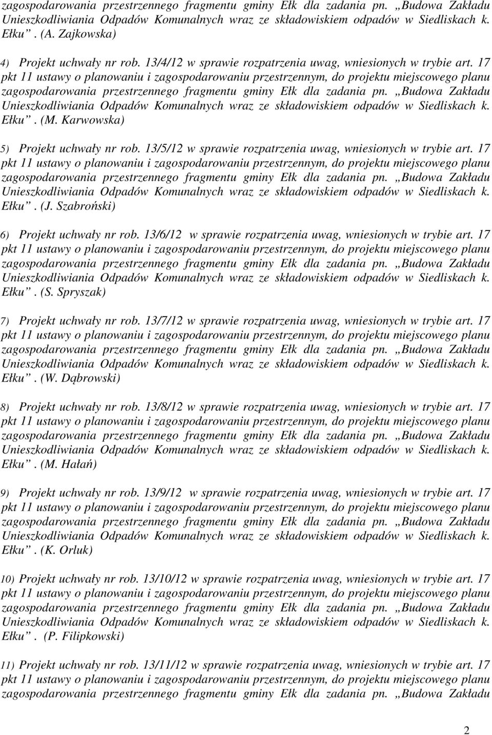 Szabroński) 6) Projekt uchwały nr rob. 13/6/12 w sprawie rozpatrzenia uwag, wniesionych w trybie art. 17 zagospodarowania odpadów w Siedliskach k. Ełku. (S. Spryszak) 7) Projekt uchwały nr rob.