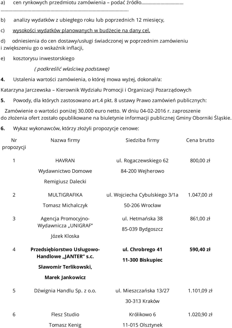 zwiększeniu go o wskaźnik inflacji, e) kosztorysu inwestorskiego ( podkreślić właściwą podstawę) 4. Ustalenia wartości zamówienia, o której mowa wyżej, dokonał/a: 5.
