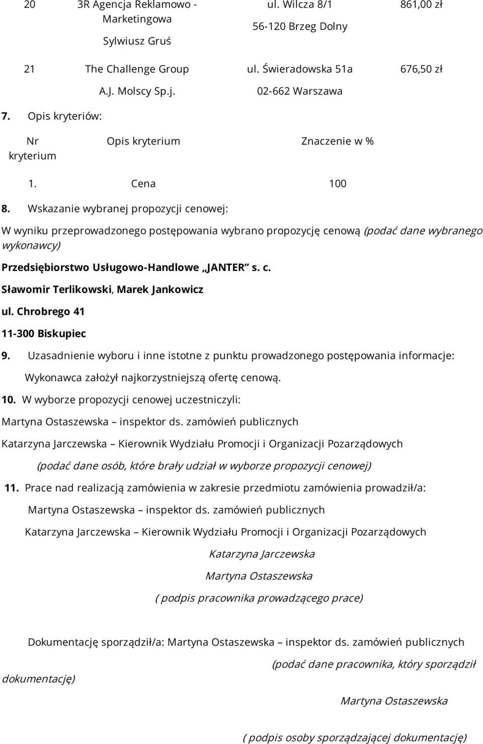 Wskazanie wybranej propozycji cenowej: W wyniku przeprowadzonego postępowania wybrano propozycję cenową (podać dane wybranego wykonawcy) Przedsiębiorstwo Usługowo-Handlowe JANTER s. c. Sławomir Terlikowski, Marek Jankowicz ul.