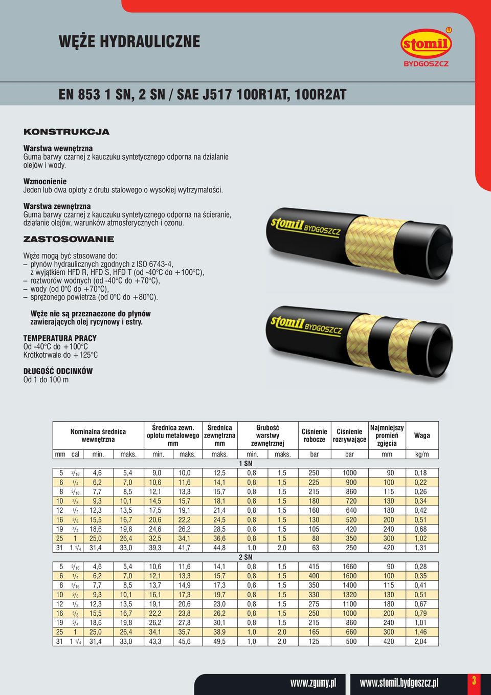 Węże mogą być stosowane do: płynów hydraulicznych zgodnych z ISO 6743-4, z wyjątkiem HFD R, HFD S, HFD T (od -40 C do +100 C), roztworów wodnych (od -40 C do +70 C), wody (od 0 C do +70 C),