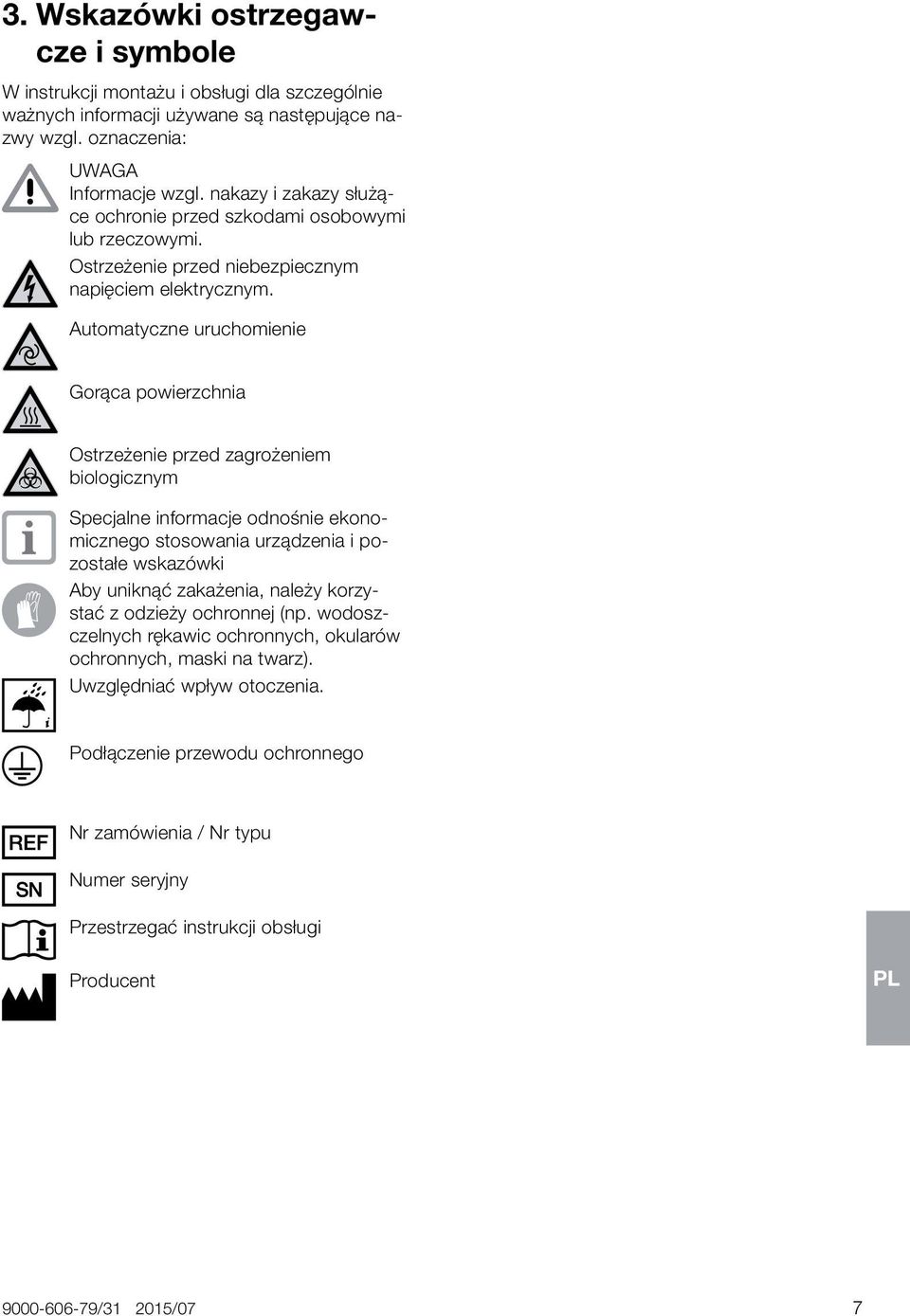Automatyczne uruchomienie Gorąca powierzchnia Ostrzeżenie przed zagrożeniem biologicznym Specjalne informacje odnośnie ekonomicznego stosowania urządzenia i pozostałe wskazówki Aby uniknąć
