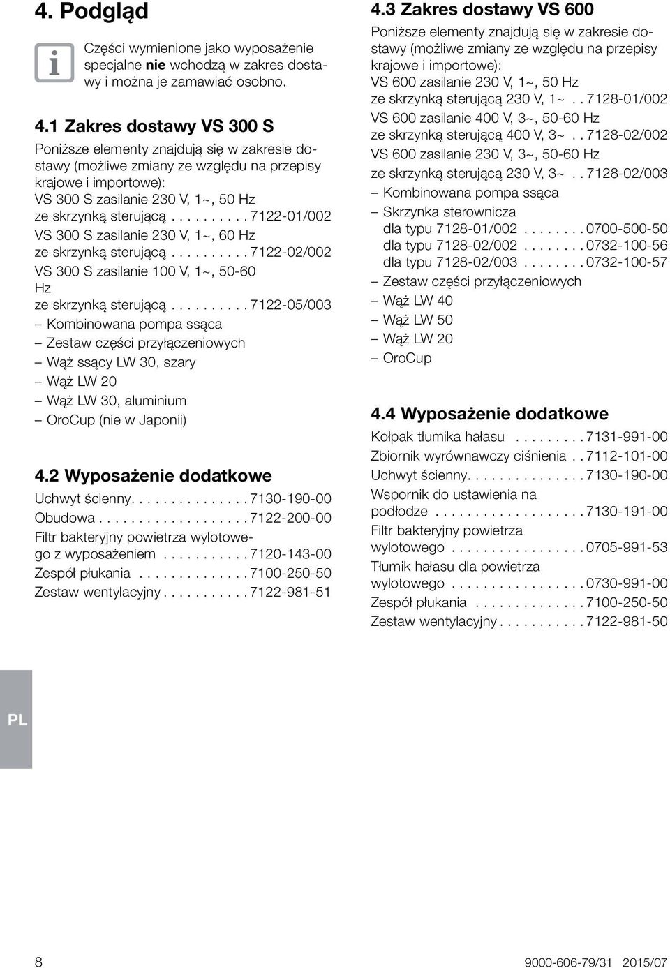 7122-01/002 VS 300 S zasilanie 230 V, 1~, 60 Hz ze skrzynką sterującą 7122-02/002 VS 300 S zasilanie 100 V, 1~, 50-60 Hz ze skrzynką sterującą 7122-05/003 Kombinowana pompa ssąca Zestaw części
