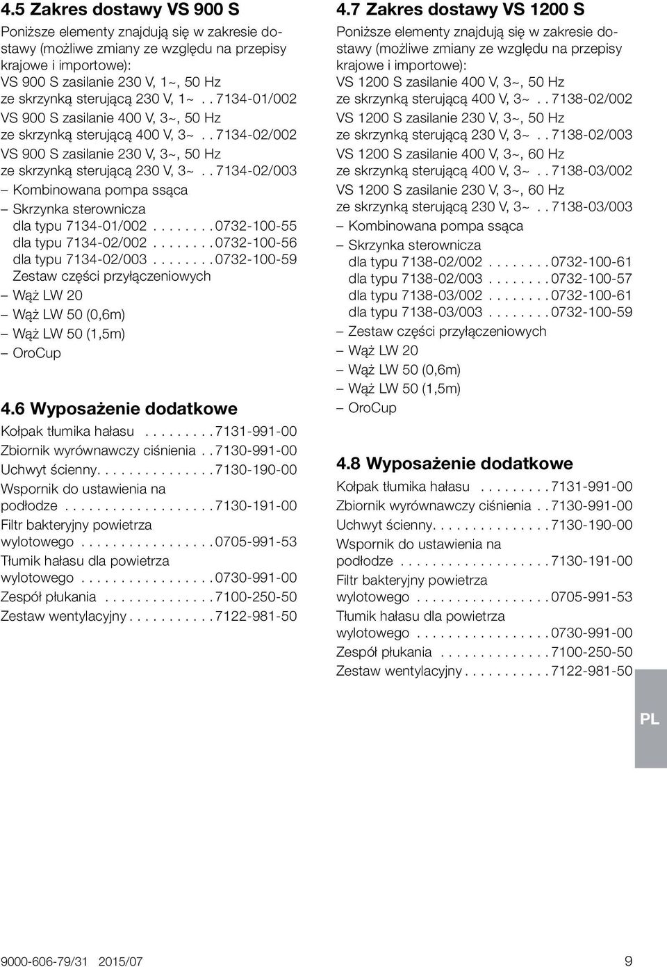 ssąca Skrzynka sterownicza dla typu 7134-01/002 0732-100-55 dla typu 7134-02/002 0732-100-56 dla typu 7134-02/003 0732-100-59 Zestaw części przyłączeniowych Wąż LW 20 Wąż LW 50 (0,6m) Wąż LW 50