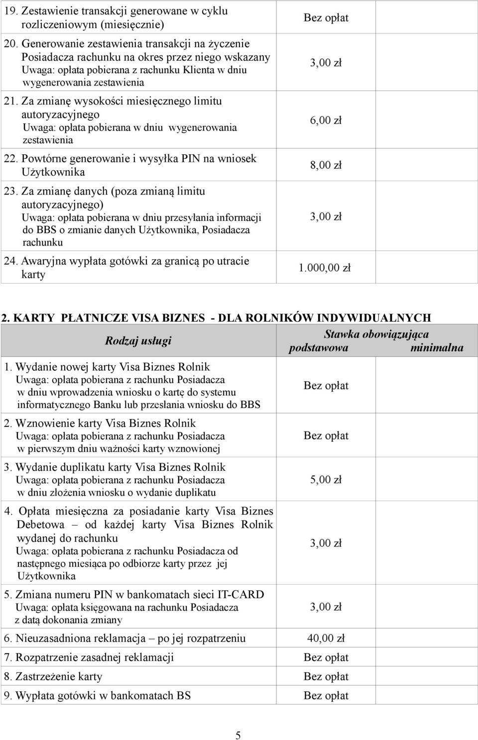 Za zmianę wysokości miesięcznego limitu autoryzacyjnego Uwaga: opłata pobierana w dniu wygenerowania zestawienia 22. Powtórne generowanie i wysyłka PIN na wniosek 23.