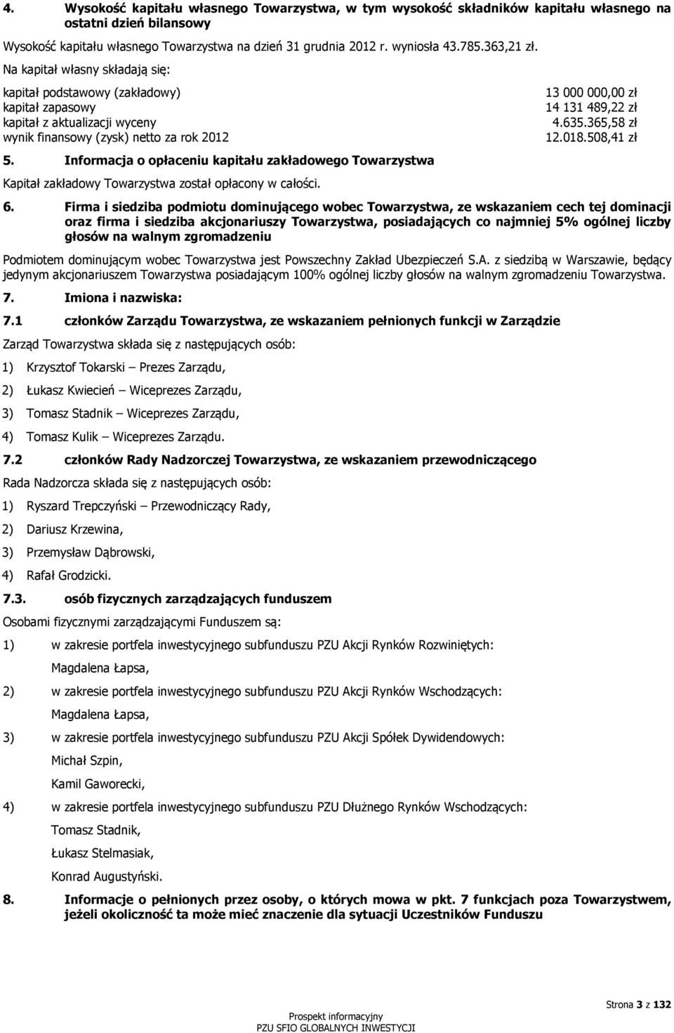 Informacja o opłaceniu kapitału zakładowego Towarzystwa Kapitał zakładowy Towarzystwa został opłacony w całości. 13 000 000,00 zł 14 131 489,22 zł 4.635.365,58 zł 12.018.508,41 zł 6.