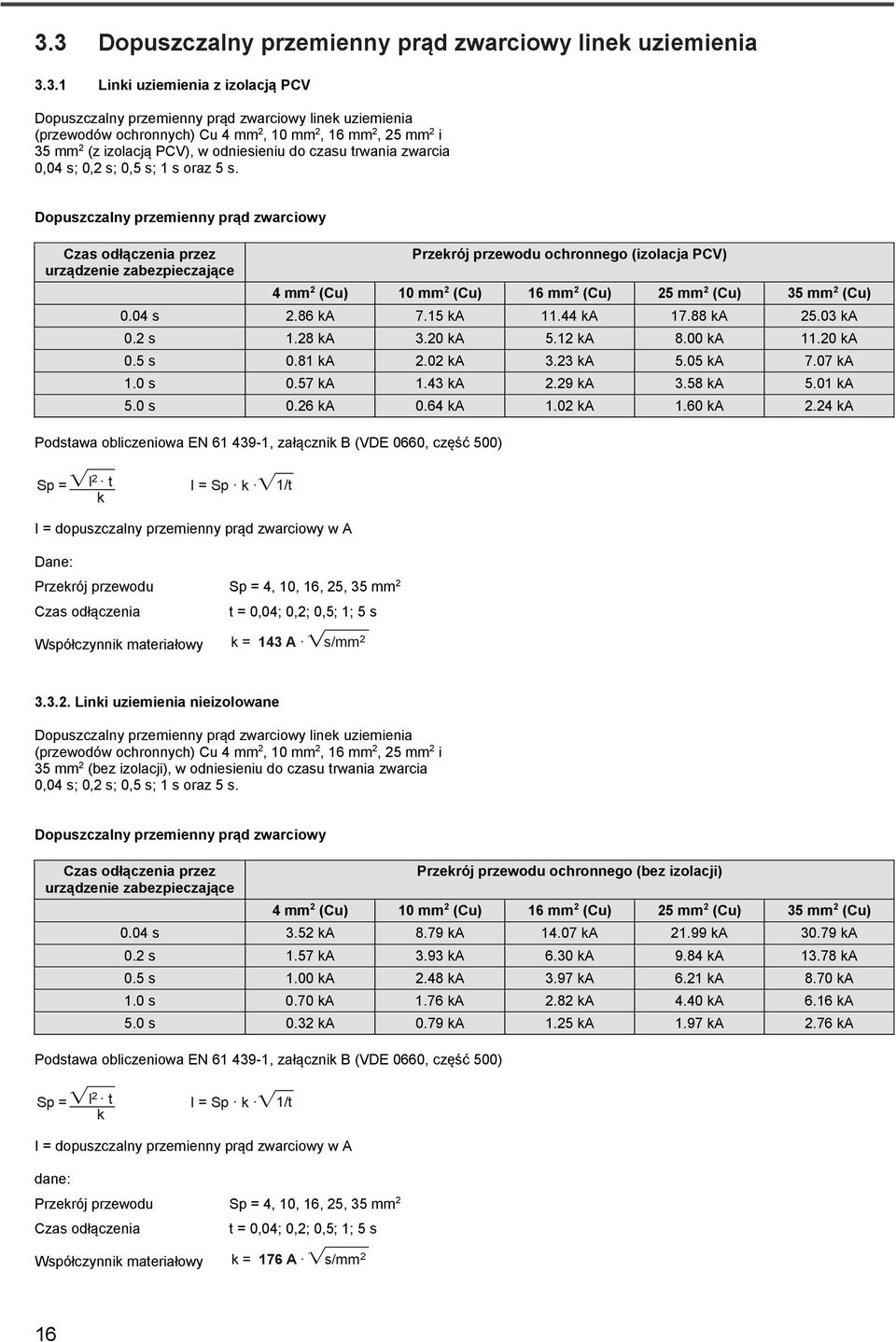 Dopuszczalny przemienny prąd zwarciowy Czas odłączenia przez urządzenie zabezpieczające Przekrój przewodu ochronnego (izolacja PCV) 4 mm 2 (Cu) 10 mm 2 (Cu) 16 mm 2 (Cu) 25 mm 2 (Cu) 35 mm 2 (Cu) 0.