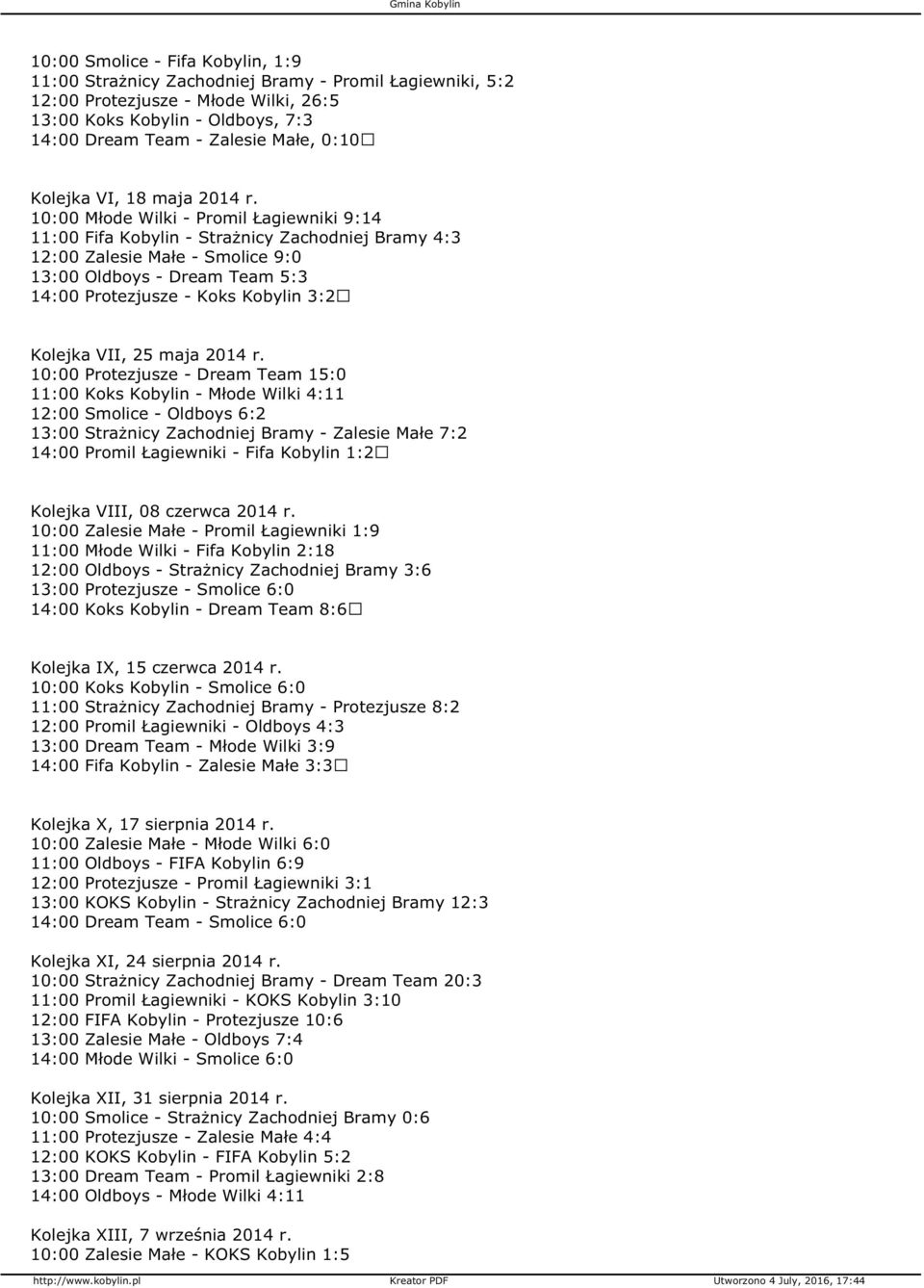 0:00 Młode Wilki - Promil Łagiewniki 9:4 :00 Fifa Kobylin - Strażnicy Zachodniej Bramy 4: 2:00 Zalesie Małe - Smolice 9:0 :00 Oldboys - Dream Team 5: 4:00 Protezjusze - Koks Kobylin :2 Kolejka VII,