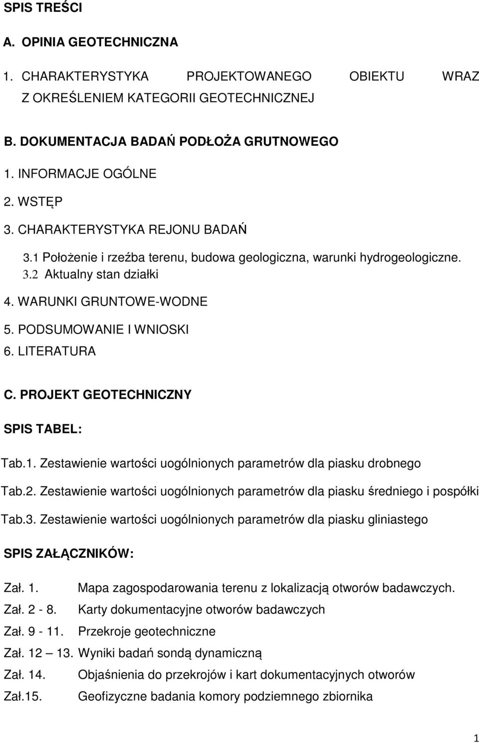 PROJEKT GEOTECHNICZNY SPIS TABEL: Tab.1. Zestawienie wartości uogólnionych parametrów dla piasku drobnego Tab.2. Zestawienie wartości uogólnionych parametrów dla piasku średniego i pospółki Tab.3.
