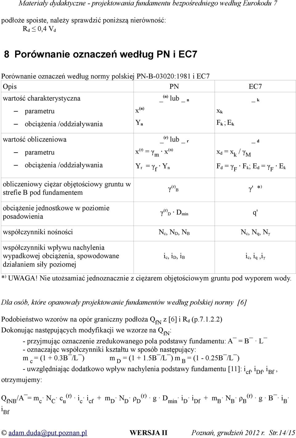 x d = x k / γ M _ d F d = γ F F k ; E d = γ F E k obliczeniowy ciężar objętościowy gruntu w strefie B pod fundamentem γ (r) B γ' * ) obciążenie jednostkowe w poziomie posadowienia γ (r) D D min q'