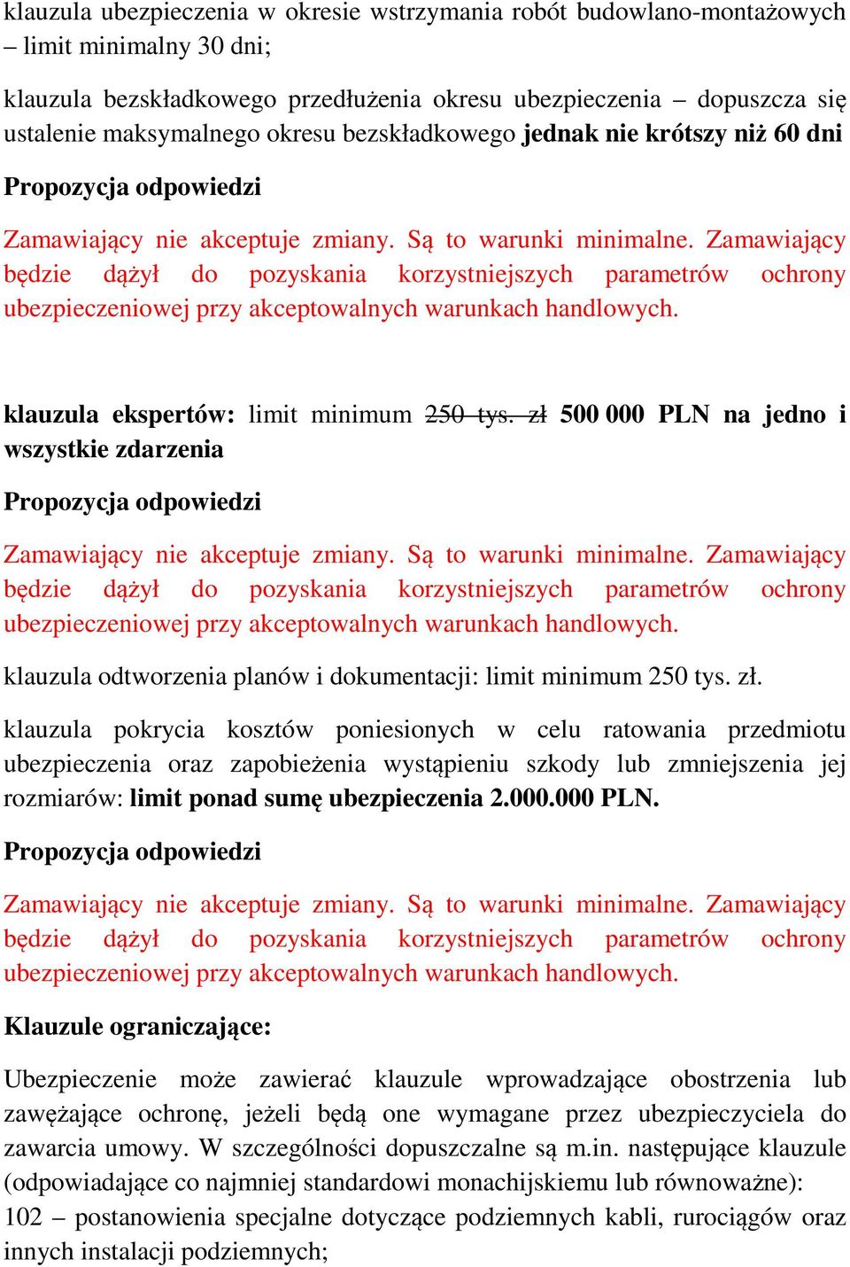 zł. klauzula pokrycia kosztów poniesionych w celu ratowania przedmiotu ubezpieczenia oraz zapobieżenia wystąpieniu szkody lub zmniejszenia jej rozmiarów: limit ponad sumę ubezpieczenia 2.000.000 PLN.