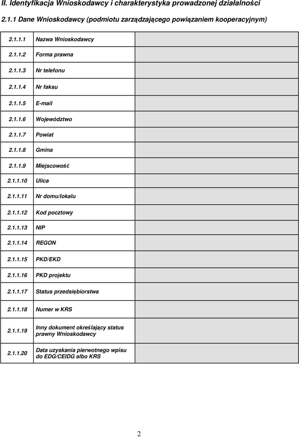 1.1.11 Nr domu/lokalu 2.1.1.12 Kod pocztowy 2.1.1.13 NIP 2.1.1.14 REGON 2.1.1.15 PKD/EKD 2.1.1.16 PKD projektu 2.1.1.17 Status przedsiębiorstwa 2.1.1.18 Numer w KRS 2.