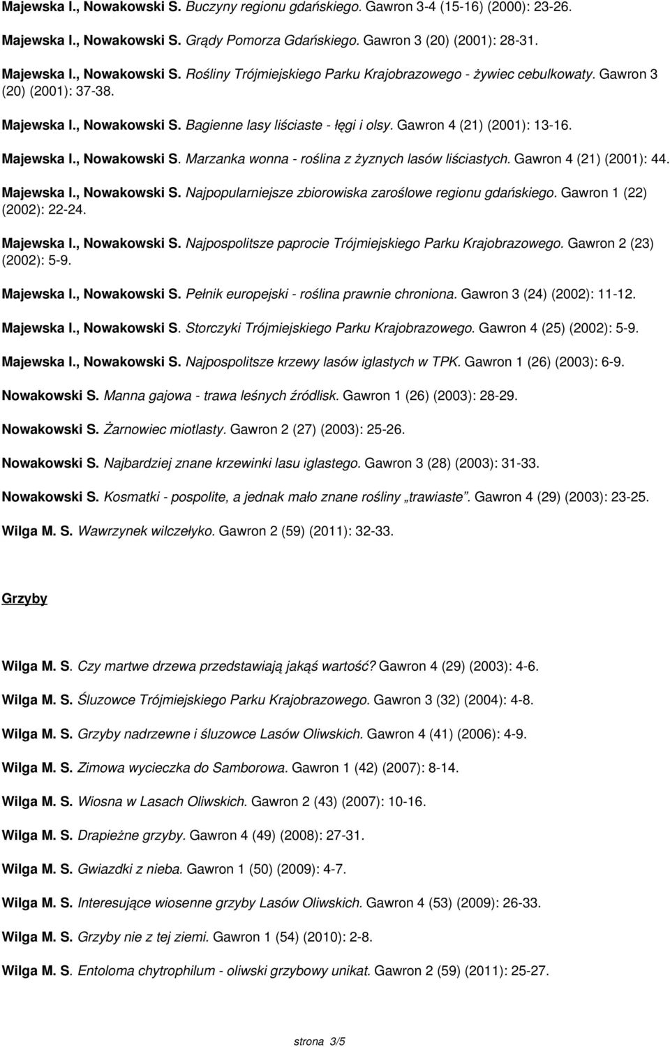 Gawron 4 (21) (2001): 44. Majewska I., Nowakowski S. Najpopularniejsze zbiorowiska zaroślowe regionu gdańskiego. Gawron 1 (22) (2002): 22-24. Majewska I., Nowakowski S. Najpospolitsze paprocie Trójmiejskiego Parku Krajobrazowego.